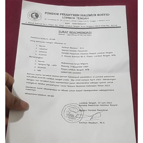 Contoh Surat Permohonan Pondok Pesantren Untuk Daftar TNI